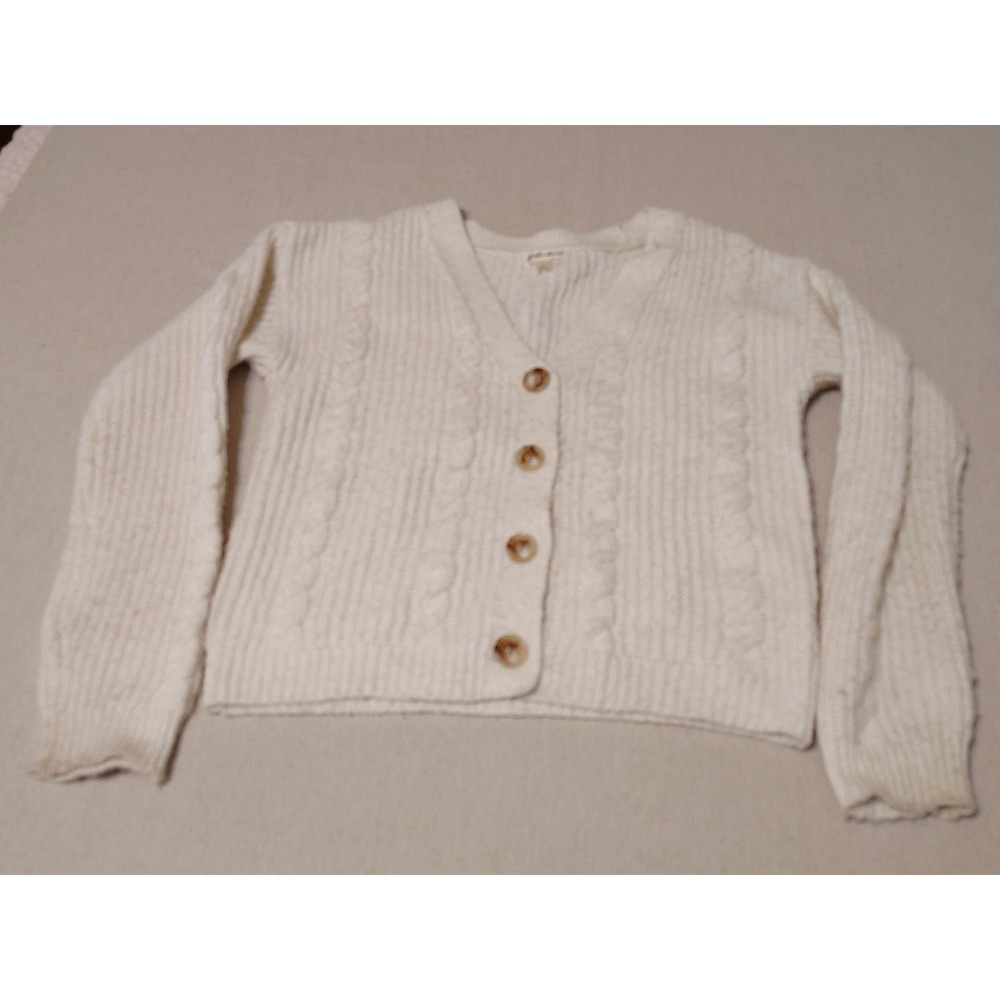 Derek Heart Cream Cable Knit V Neck Button Up Cardigan Sweater Womens Medium SS